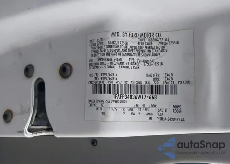 2006 Ford Focus Zx4 из США, поврежденный, VIN 1FAFP34N36W174668